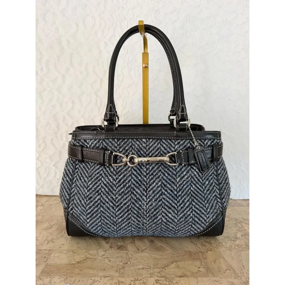 Vtg Coach Hampton Black Tweed fabric Leather carryall Hamilton Satchel Bag 11215
